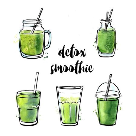 86387525 - set of vector illustrations detox smoothie. collection of hand drawn cups, mugs and glasses with healthy summer cocktails. black outline and green watercolor stains isolated on white background.