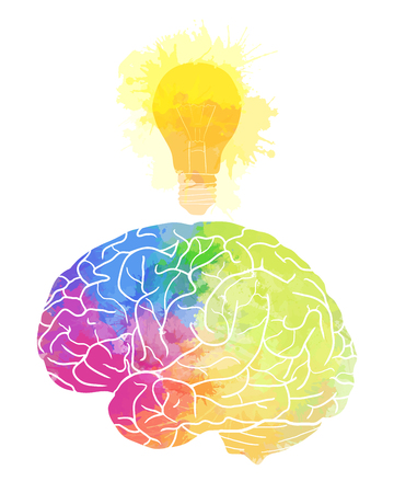 81067397 - human brain with rainbow watercolor splashes and a light bulb on a white background. idea, inspiration. vector element for your design