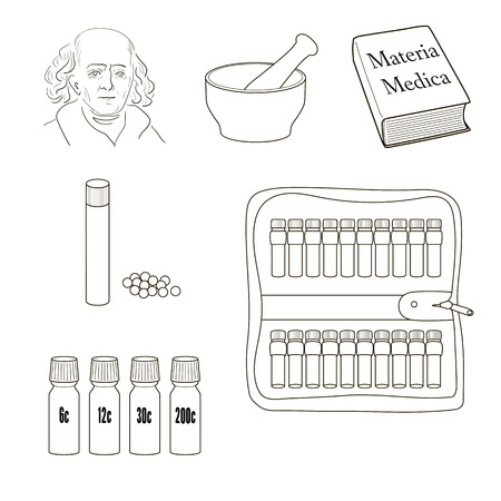 57259538 - homeopathy. set of vector icons. homeopathic pills, storage kit, mortal, pestle, book materia madica, bottles.